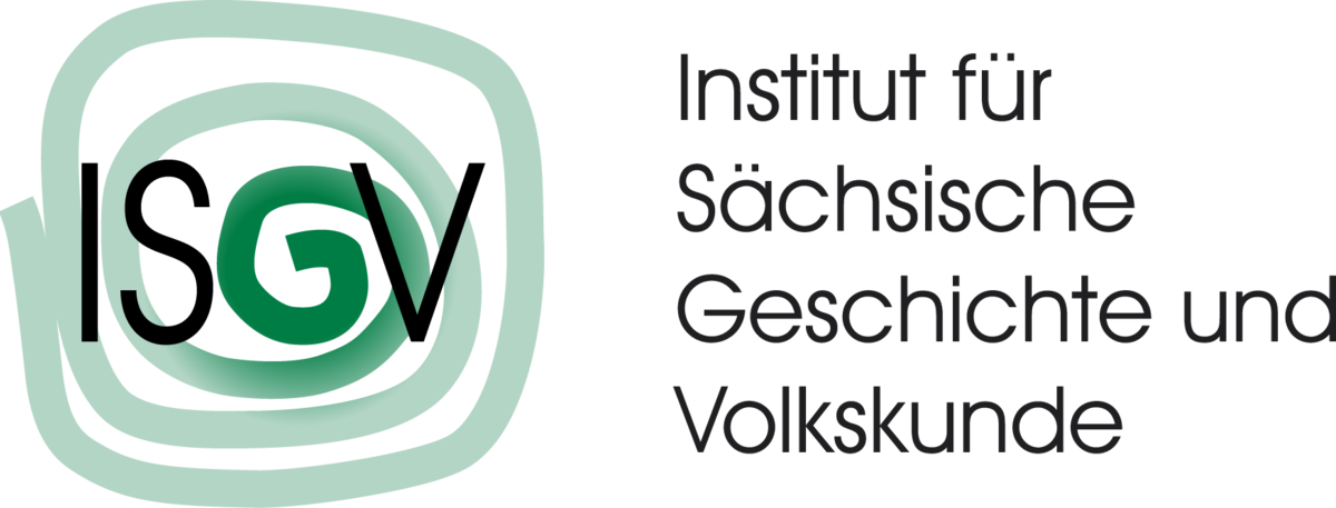 KI generiert: Das Bild zeigt das Logo des Instituts für Sächsische Geschichte und Volkskunde, bestehend aus den Buchstaben "ISGV" und einem stilisierten Design im Hintergrund. Daneben steht der vollständige Name des Instituts.