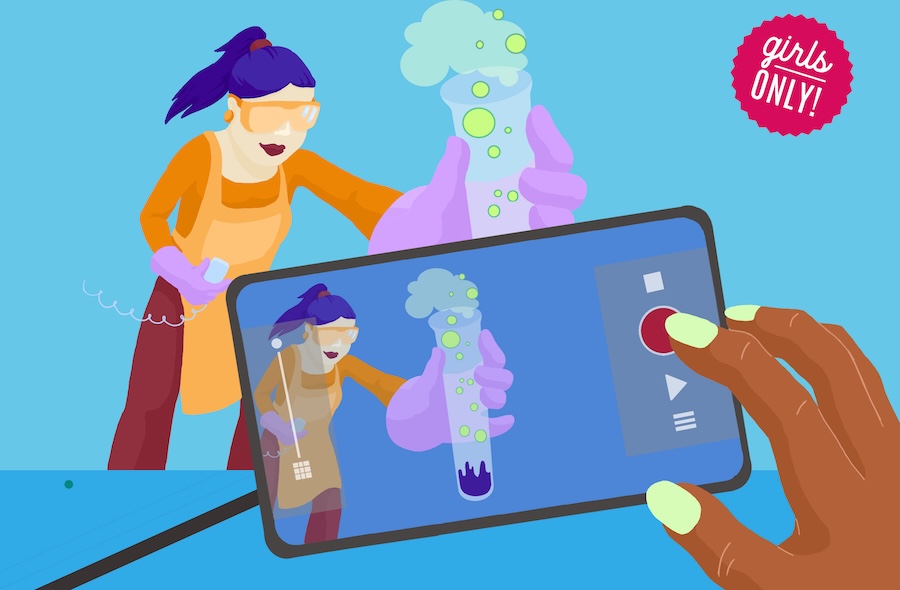 AI generated: The image shows a woman experimenting with a chemical reaction in a laboratory while someone films the scene with a smartphone. In the corner is the note "girls only", which could indicate a special project or event for girls.