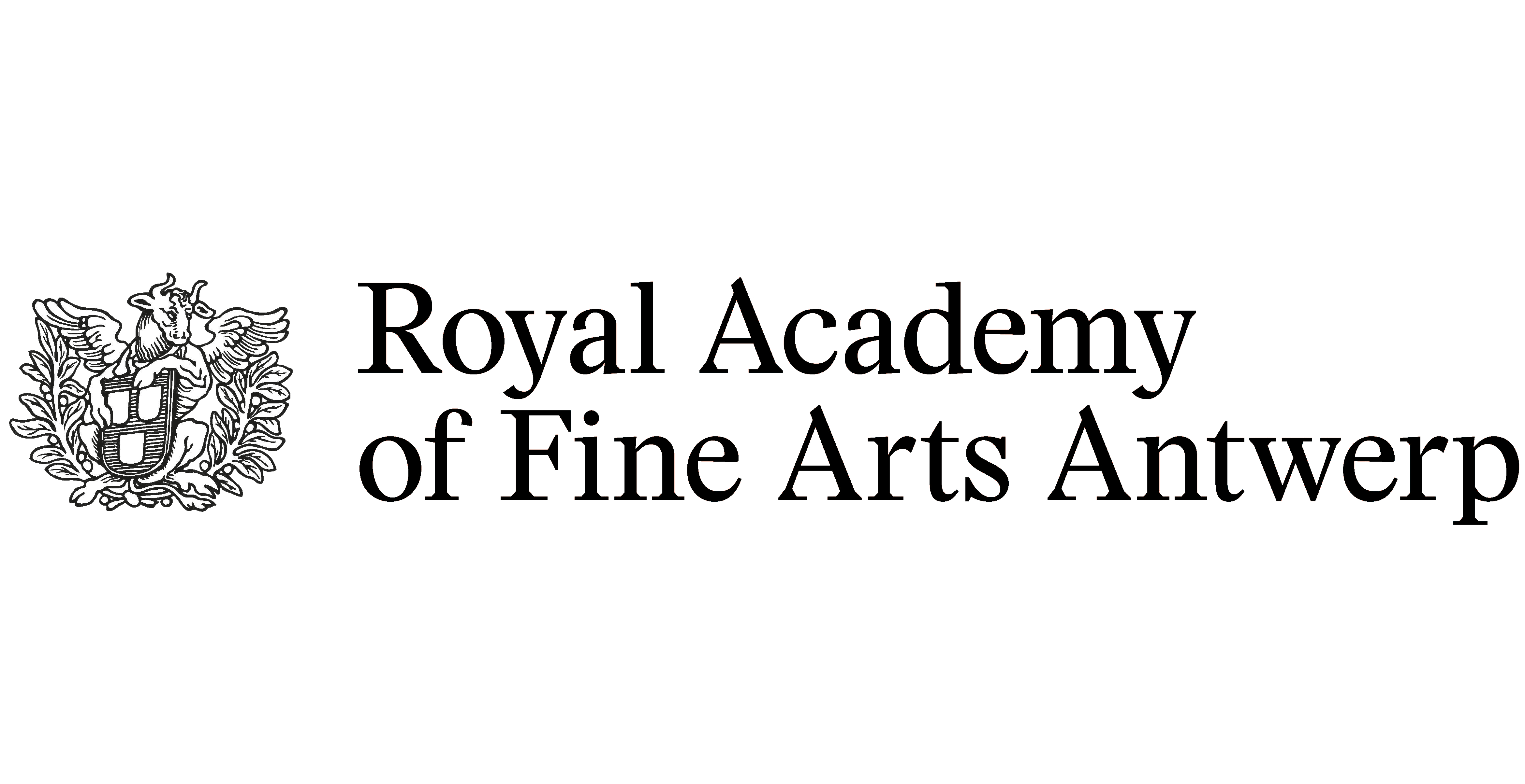 KI generiert: Das Bild zeigt das Logo der Royal Academy of Fine Arts in Antwerpen, bestehend aus einem Emblem mit einem geflügelten Wappen und dem Schriftzug des Akademienamens.