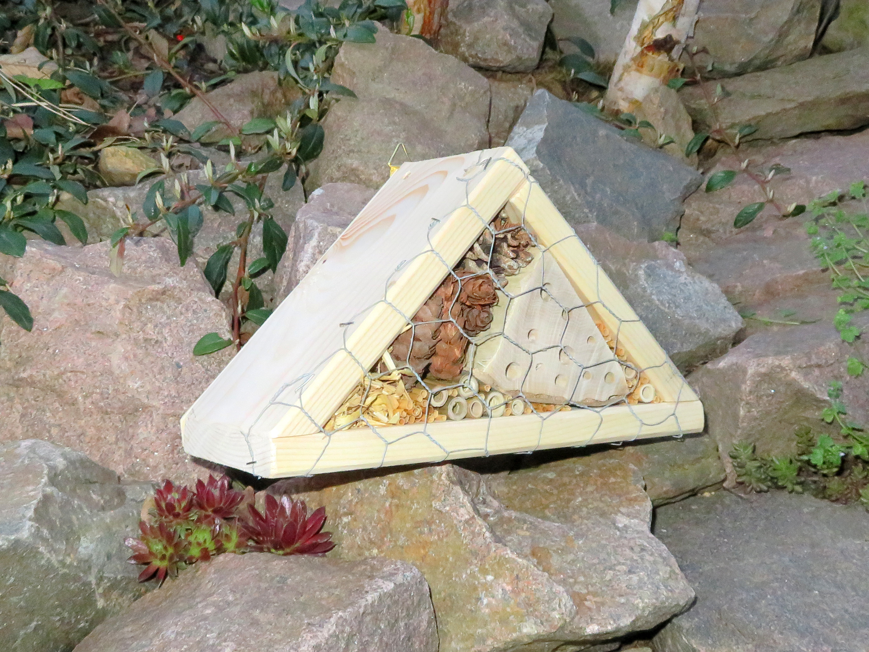 KI generiert: Das Bild zeigt ein kleines, dreieckiges Insektenhotel, das auf einer Steinfläche platziert ist. Es ist gefüllt mit verschiedenen natürlichen Materialien wie Holz und Tannenzapfen und bietet Insekten Unterschlupf.