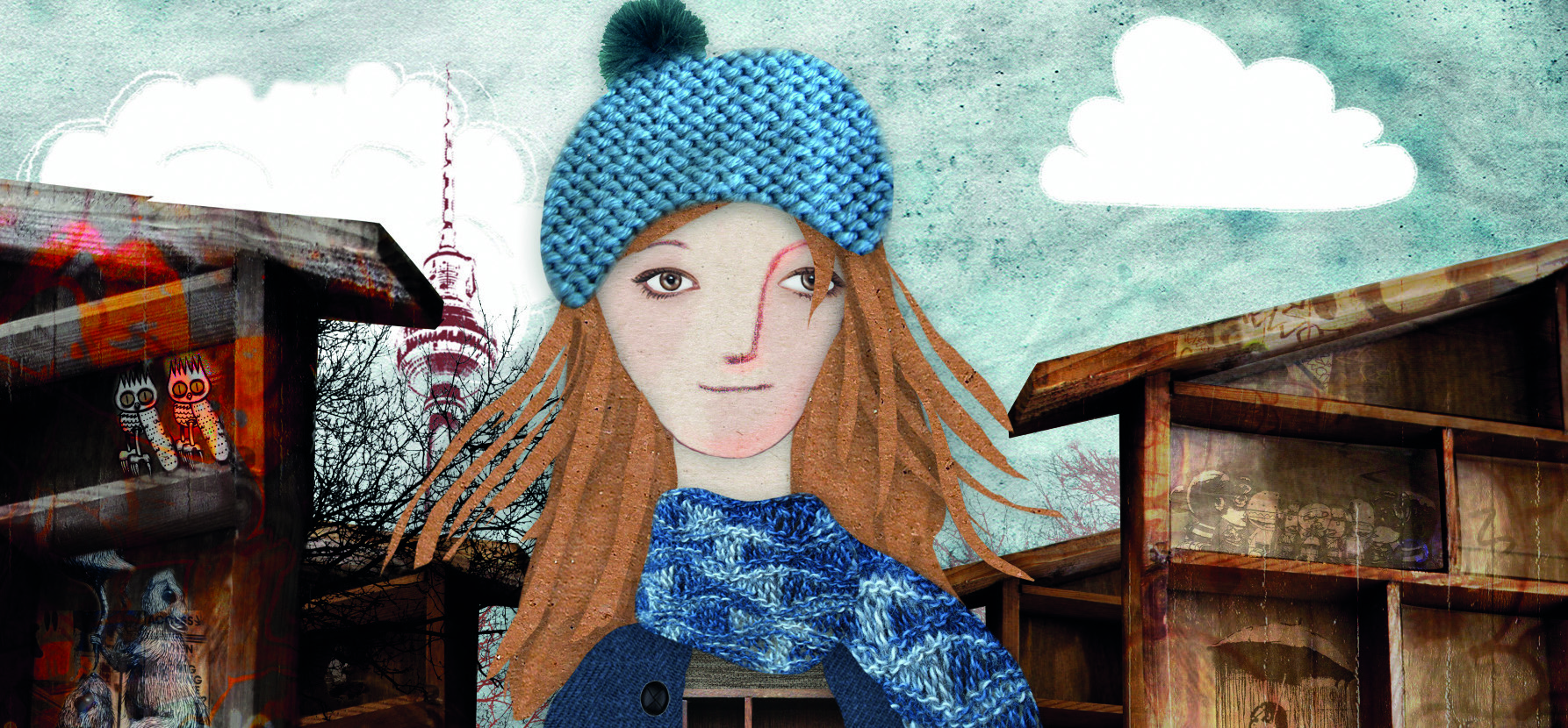 KI generiert: Das Bild zeigt eine stilisierte Illustration einer Person mit blauer Mütze und Schal vor einer städtischen Kulisse mit Gebäuden und Wolken. Der Stil wirkt künstlerisch und kombiniert Elemente von Collage und Zeichnung.