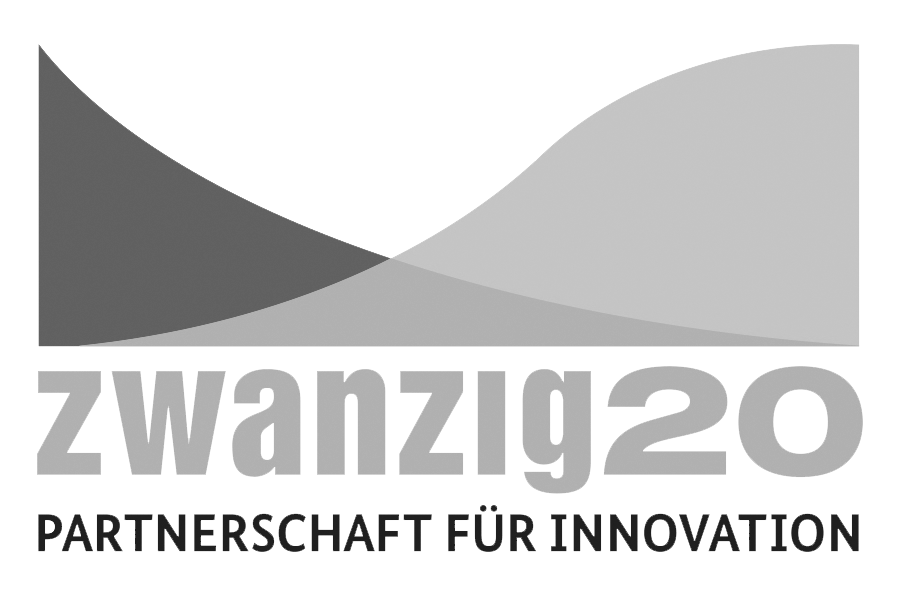 KI generiert: Das Bild zeigt ein Logo mit dem Text "zwanzig20" und "Partnerschaft für Innovation" darunter. Das Logo besteht aus zwei geschwungenen Formen in verschiedenen Grautönen.