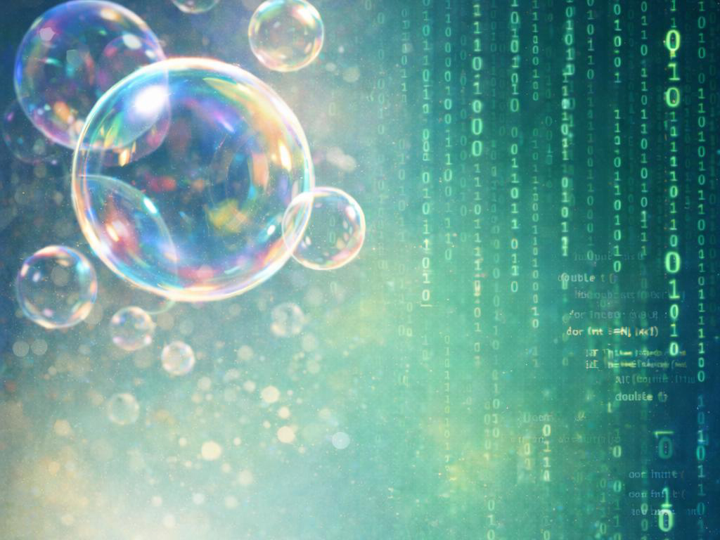 AI generated: The image shows iridescent soap bubbles on the left and digital binary codes on the right, which appear to merge into one another. The interplay of bubbles and code creates an interesting visual motif that combines nature and technology.