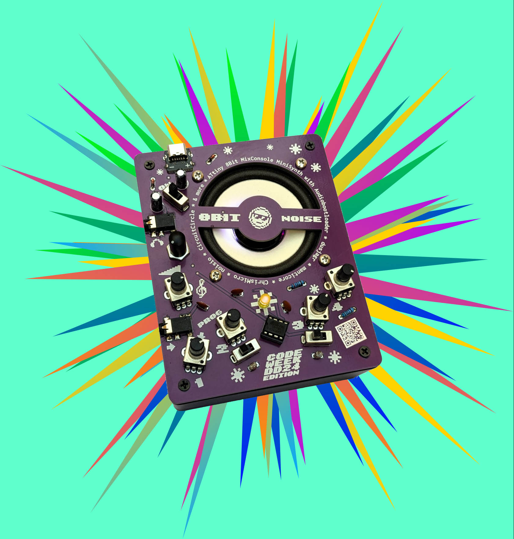 KI generiert: Das Bild zeigt eine bunte, violette elektronische Schalttafel mit Reglern und Schaltern, die als "8BIT NOISE" bezeichnet wird. Im Hintergrund sind bunte Strahlen, die vom Gerät ausstrahlen, auf einem türkisfarbenen Hintergrund zu sehen.