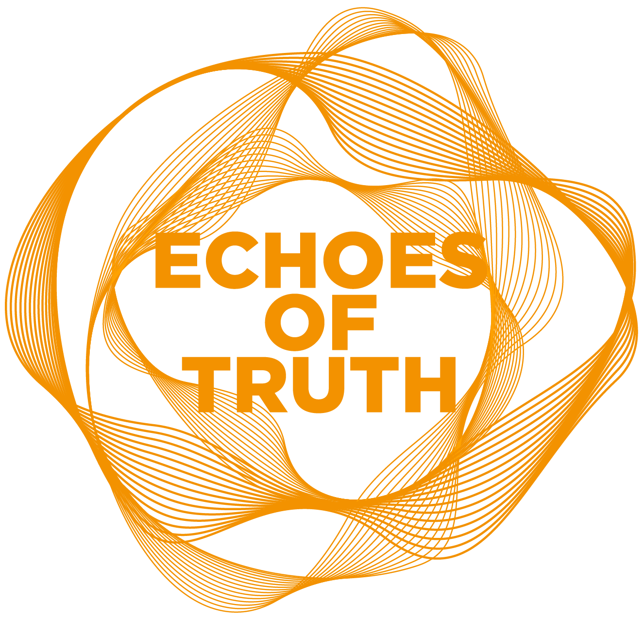 KI generiert: Das Bild zeigt den Schriftzug "ECHOES OF TRUTH" in orange, umgeben von einem komplexen Muster aus vermischten, geschwungenen Linien. Das Design vermittelt Dynamik und Bewegung.