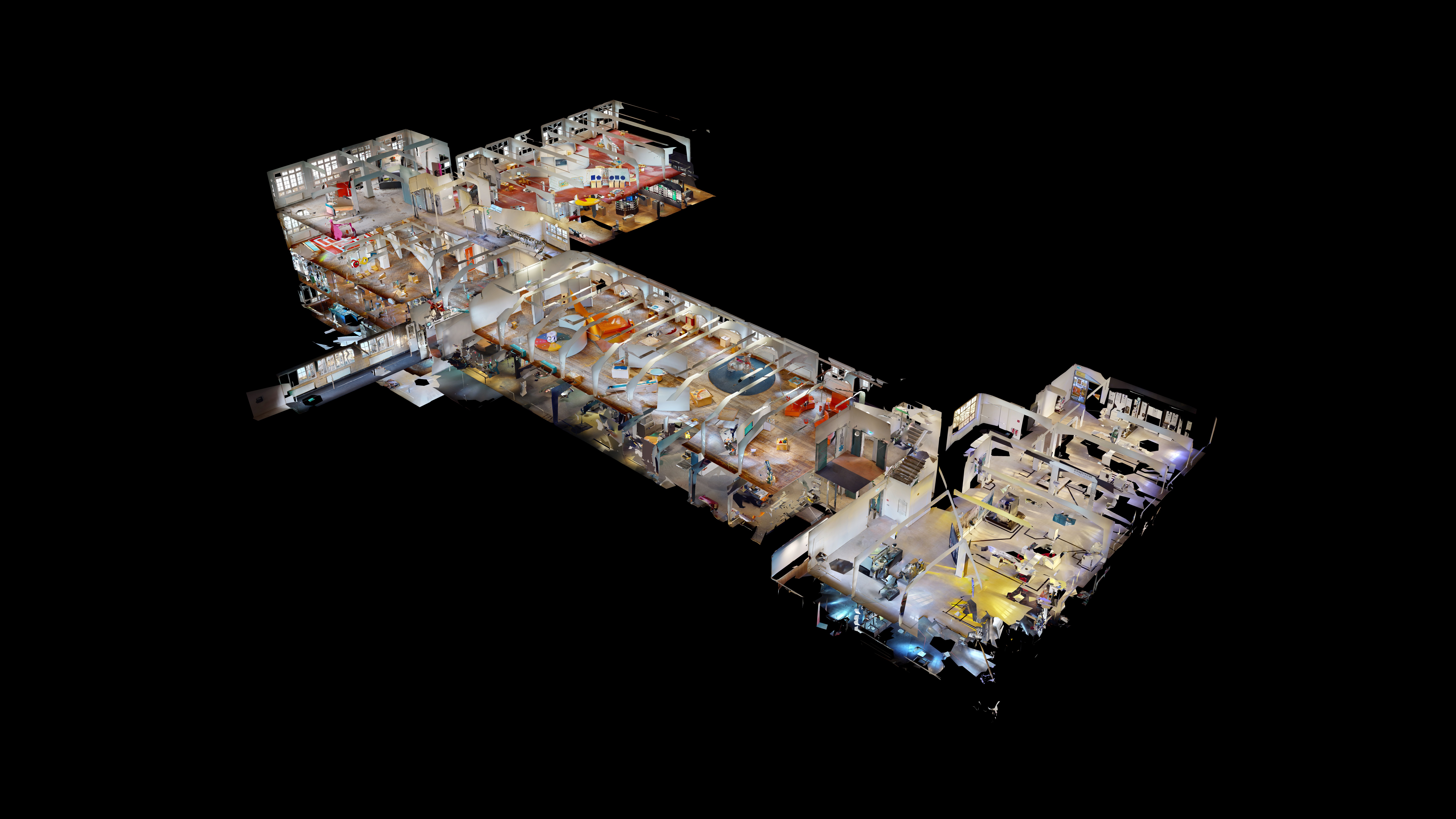 KI generiert: Das Bild zeigt eine detaillierte 3D-Darstellung eines Gebäudes aus der Vogelperspektive. Der Grundriss umfasst verschiedene Räume und Etagen, die eine klare Übersicht über die Einrichtung und Anordnung bieten.