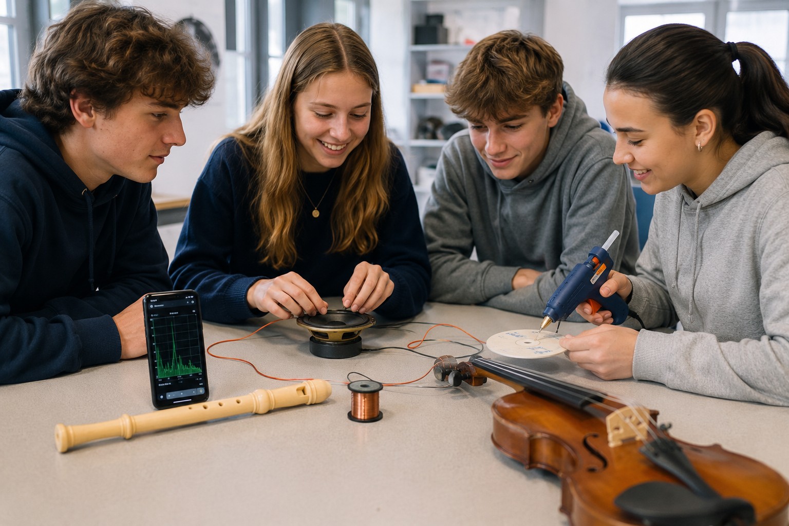 KI generiert: Eine Gruppe von vier jungen Menschen sitzt an einem Tisch und arbeitet gemeinsam an einem wissenschaftlichen oder technischen Projekt. Auf dem Tisch liegen ein Smartphone, Musikinstrumente und Werkzeuge, während sie sich auf den Bau oder die Untersuchung konzentrieren.