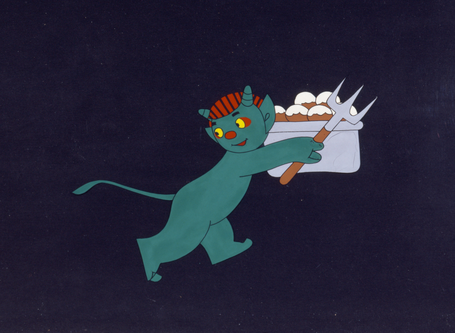 AI generated: The image shows an animated figure of a little devil with a red head and horns, holding a Trident and carrying a container with some kind of candy or snow. The background is dark and highlights the colourful figure.