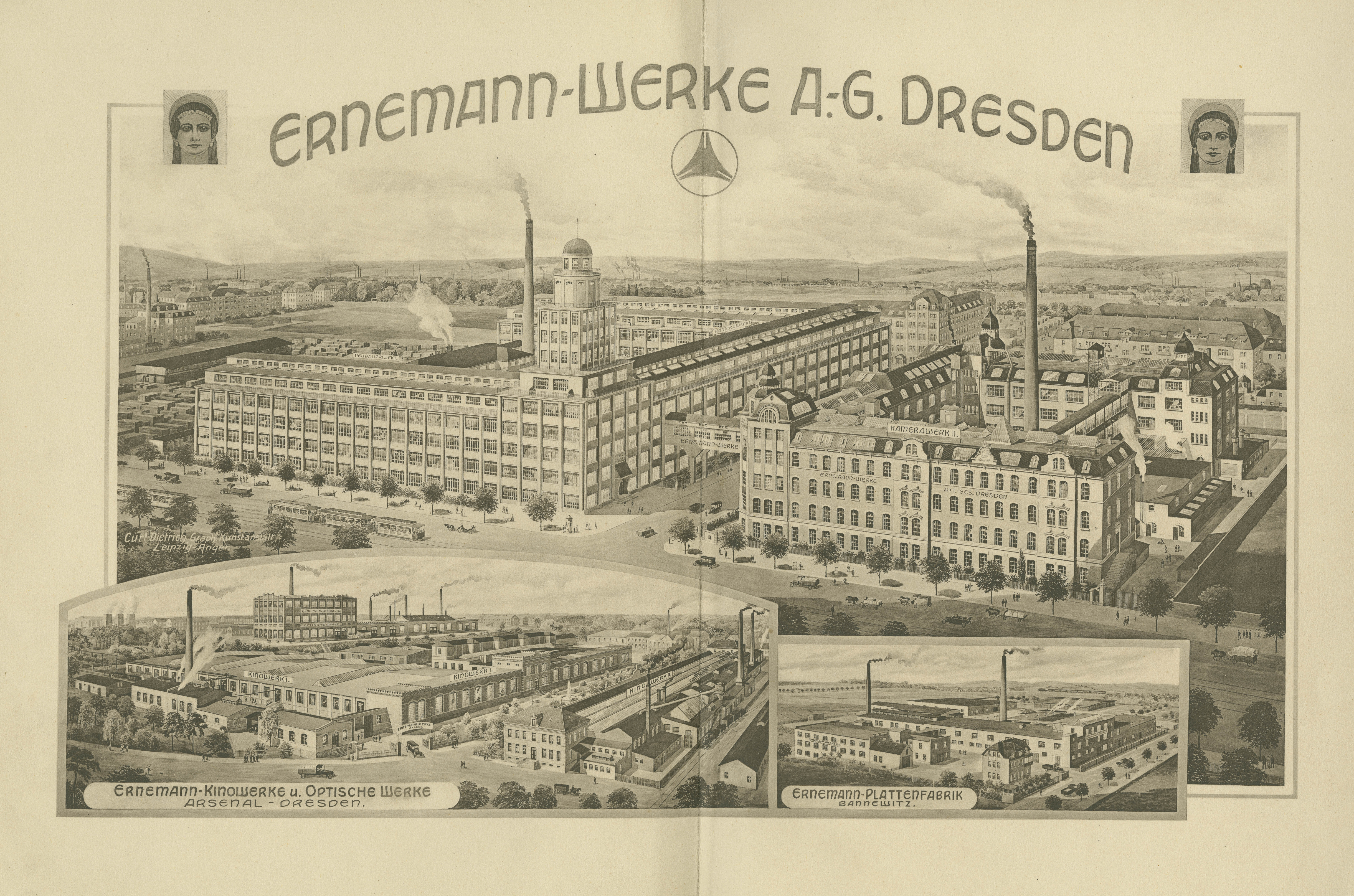 KI generiert: Das Bild zeigt eine detaillierte Zeichnung der Ernemann-Werke A.G. Dresden, einschließlich mehrerer Fabrikgebäude und rauchender Schornsteine. Es ist ein Werbeplakat, das die Größe und Bedeutung der Firma darstellt.