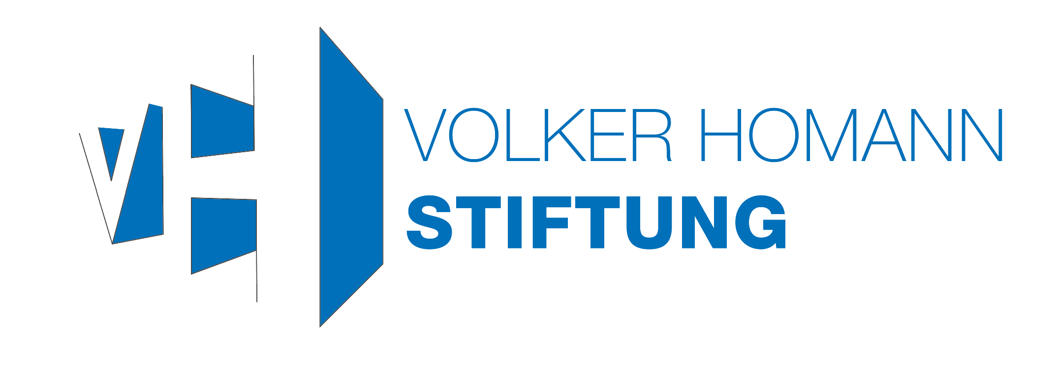 KI generiert: Das Bild zeigt das Logo der Volker Homann Stiftung. Es besteht aus stilisierten geometrischen Formen und den Schriftzug in blau.
